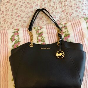 Michael Kors Black Leather Tote with Gold Hardware and MK Charm
